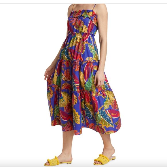 Farm Rio Blue Beaks & Bananas Tiered Midi Dress Size S - Picture 6 of 7